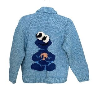 HAND KNIT Cookie Monster Wool Chunky Knit Button Front Cardigan Sweater Blue O/S